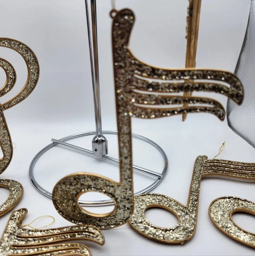Christmas Ornament, Set of 6 Musical Themed, Gold glitter